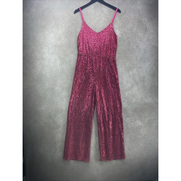 Fanco Womens L Sparkling Pink Sequin Full Length Vneck Jumpsuit Wide Leg Party - Picture 9 of 12